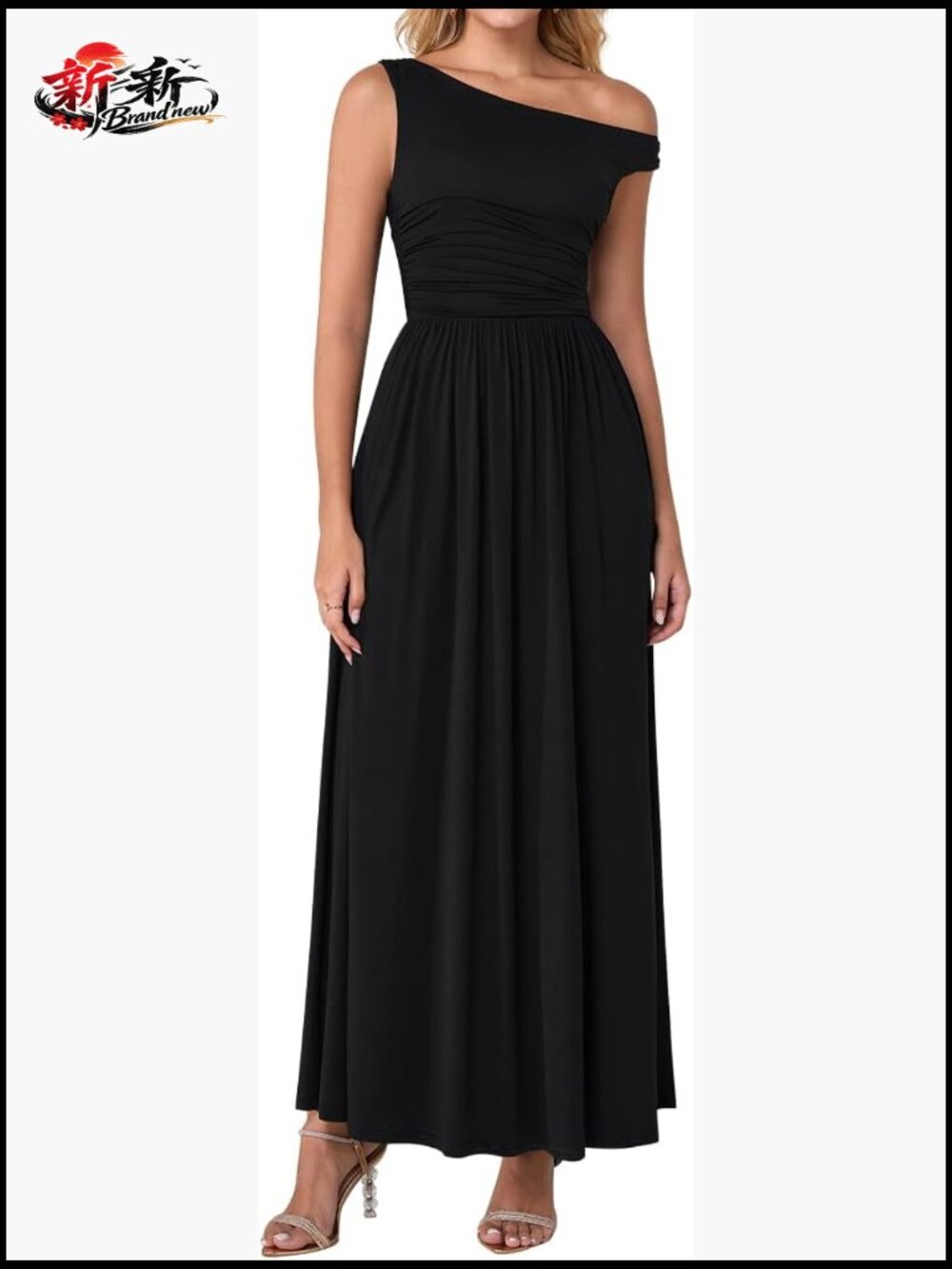 Maxi Formal Wedding Guest Dress with Pockets - Sleeveless One Shoulder A-Line